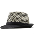 Cappello Fedora in paglia con motivo intrecciato bianco e nero ed elegante tesa nera - M(56-58cm) / Nero Beige