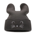 Cute dark grey knit beanie with cat ears and minimalist white facial embroidery - One Size / Dark Gray
