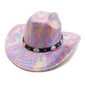 Rainbow laser cowboy hat with snakeskin texture and silver studded black leather band - M(56-58cm) / Pink