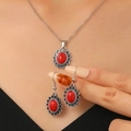Bohemian retro silver jewelry set featuring red teardrop pendants on necklace and earrings - Vintage Red Gemstone Teardrop Set (01 White k5441) / Silver With Red Stone