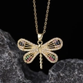 Macro shot of dragonfly pendant with multicolored zircons on a gold-plated chain - Style C-Gold Pave Multi-color Accents