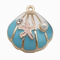 Blue and white enamel shell charm with pink starfish and pearl for DIY jewelry - 1Pc Starfish Pearl Large Shell 20x21mm