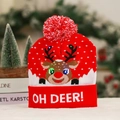 Close-up of red knitted Christmas hat with LED reindeer pattern and Oh Deer text - Purple Red Reindeer/OH DEER!