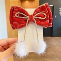 New Year red bow hair clip for girls with white pompoms and gold trim on white card - Style 12: Large Gold Embroidered Bow with Fur Balls