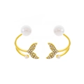 Golden mermaid tail earrings with pearls and crystals on a clean white background - Gold Mermaid Tail Pearl Earrings (Light KC Gold 3711)