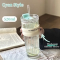 Cyan 520ml glass coffee cup with vertical stripes and a white silicone sleeve - Cyan 520ml (With Lid + Plastic Straw + Thickened Silicone Sleeve)