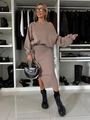 Coffee brown off-shoulder sweatshirt and high waist slit skirt two-piece set for women - S / Top And Bottom / Coffee