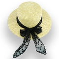 Chapeau de paille élégant avec ruban en dentelle noire pour protection solaire de plage - Taille Unique 58cm Circonférence / Nœud en dentelle noire