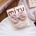 Detailed close-up of pink chiffon bow and tweed oval hair clip set on display card - Snow Gauze Bow Set / Pink
