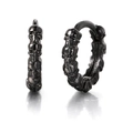 Macro shot of punk style black skull hoop earrings with detailed gothic metal carvings - 0.2cm x 1cm / Black