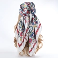 Floral paisley square silk scarf for women tied on head model in white and red - White
