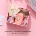 Pink ceramic tulip mug gift set with floral bouquet and greeting card in a premium gift box - Mother-Child Cup + Tulip Pendant + Card