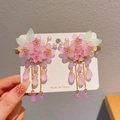 Pink flower hair clips with long tassels and beads for girls' traditional Hanfu - Yulang Pair Set