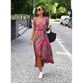 Floral V-neck wrap maxi dress with green and pink print for summer vacation style - S / Top And Bottom / Pink