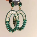 Detailed view of oversized green crystal drop earrings with vintage gold-plated finish - 19# Silver Pin - Gold - Green