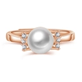 Rose gold pearl ring with side diamonds on a minimalist hollow band for women - Pearl with Rhinestones / Rose Gold-J197