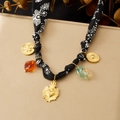 Vintage heart and coin pendant necklace with floral fabric ribbon and colorful beads - Paisley Fabric Gold Sacred Heart Coin Pendant Style (N3898)