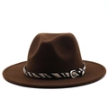 Close-up of the dark brown wool fedora hat featuring animal print band and buckle - M (56-58cm) / Coffee