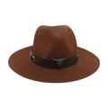 Chapeau de paille marron foncé avec accessoire crâne de bœuf et broderie florale - Café