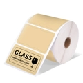 Roll of thermal labels in beige with wavy edges and 'Handle with Love' glass icons - 3*2 Inch-500pcs (Roll)-Glass / Tan