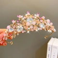 Luxurious gold crown headband with pink crystals and beads for girls' birthday gift - Gold Vine Pink Crystal