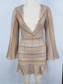 Detail of multi-color crochet knit pattern with V-neckline and bell sleeve texture - S / Brown