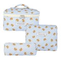 3-piece blue quilted cotton travel makeup bag set with cute brown bear patterns - Doggy Birthday