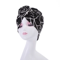 Detail of bohemian turban hat featuring black and white geometric pattern on stretch fabric - Style 18-Black White Geometric Lines Elastic