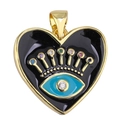 Macro detail of a heart-shaped pendant with black enamel and colorful zircon evil eye design - Black Enamel Eye Style