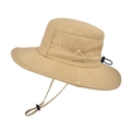 Beige wide brim sun hat with mesh vents and adjustable chin strap for outdoors - Khaki
