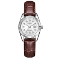 Classic quartz watch with brown leather strap, white dial and date window - Brown Strap Silver Case White Dial Women's