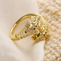 Detail of 18K gold plated leopard open ring with green gems and black micro-inlays - 13161 (Wrap Leopard Gold)