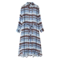 Blau-braun kariertes Langarm-Hemdkleid mit Taillengürtel und asymmetrischem Saum - XS / Blau Braun Kariert