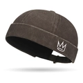 Bonnet docker rétro en coton délavé marron foncé avec broderie couronne blanche - Réglable / café