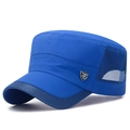 Blue quick-dry flat top sun hat with breathable mesh and silver fashion metal badge - Adjustable / Royal Blue