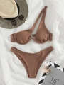 Brown ribbed one-shoulder bikini set with underwire top and high-cut bottoms - XS / Khaki
