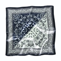 Navy blue and beige paisley square silk scarf with vintage floral border on white background - Bandana / Navy Blue