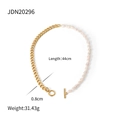 Collar de media cadena dorada y perlas con cierre de palanca y medida de 44 cm - Collar Mitad Perla Mitad Cadena Cubana con Cierre T (JDN20296)