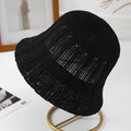 Close-up of black hollow-out knitted bucket hat with breathable crochet texture pattern - One Size / Black (Vertical Stripes)