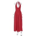 Close-up of red halter neck deep V-neckline jumpsuit with high waist wide-leg cut - S / Red