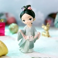 Cute girl figurine in green Hanfu holding a floral basket for home decor - 1142-3 Small Blue Skirt with Flower Bouquet