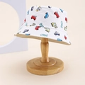 White toddler sun hat with colorful cartoon vehicles print on a wooden stand - Kids One Size / White (Vehicles)