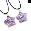 Star-shaped amethyst crystal pendants with gold and silver wire wrap on black cord - Amethyst