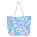 Blue canvas beach bag with flamingo and hibiscus print and beige rope handles - Blue Flamingo Hibiscus (1)