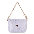 Close-up of small silver glitter handbag with gold chain strap and snap closure detail - White