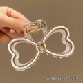 Champagne gemstone rhinestone bow hair claw clip in transparent heart acrylic design - White Rhinestone Bowknot