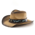 Western style straw cowboy hat with turquoise embroidery and bull metal emblem detail - M (56-58cm) / Khaki Coffee Spray Paint
