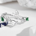 925 Sterling silver couple ring featuring a rosebud design with green gemstone and small diamonds - Adjustable Open / Moonlight Rose Couple Ring Female