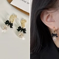 French vintage gold earrings with black bow and transparent crystal square charms - Bow Crystal Square Clip-on