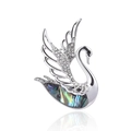 Elegante spilla a cigno in argento con conchiglia di abalone e cristalli scintillanti - Forma di Cigno / Argento